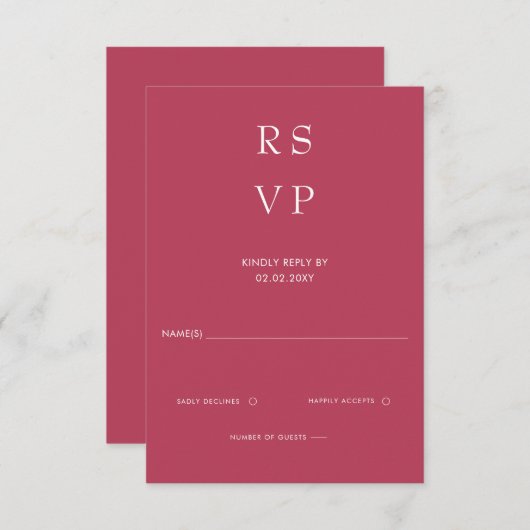 Eenvoudig Elegant Minimal Modern Magenta Wedding RSVP Kaartje (Voorkant / Achterkant)