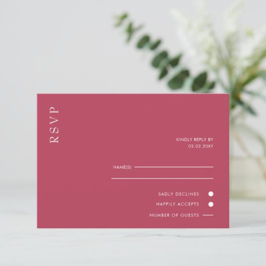 Eenvoudig Elegant Minimal Modern Magenta Wedding RSVP Kaartje (Staand voorkant)