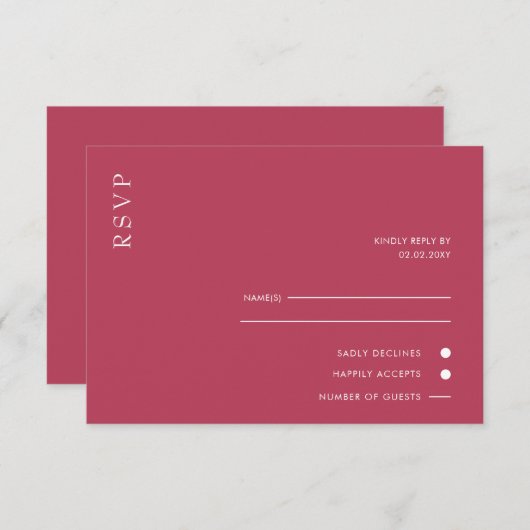 Eenvoudig Elegant Minimal Modern Magenta Wedding RSVP Kaartje (Voorkant / Achterkant)