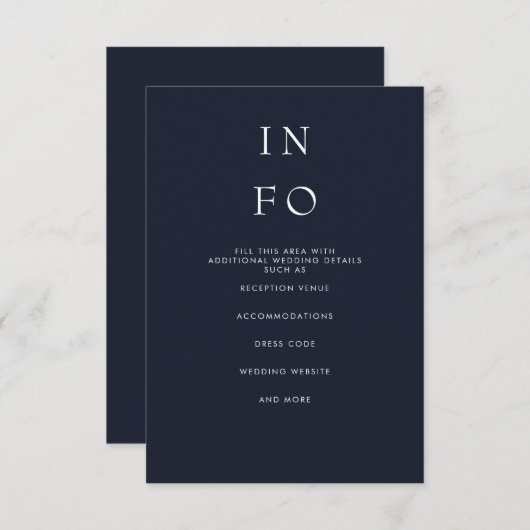 Eenvoudig Elegant Minimal Modern Navy Wedding Informatiekaartje (Voorkant / Achterkant)