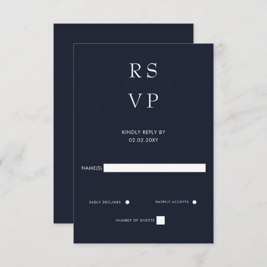Eenvoudig Elegant Minimal Modern Navy Wedding RSVP Kaartje (Voorkant / Achterkant)
