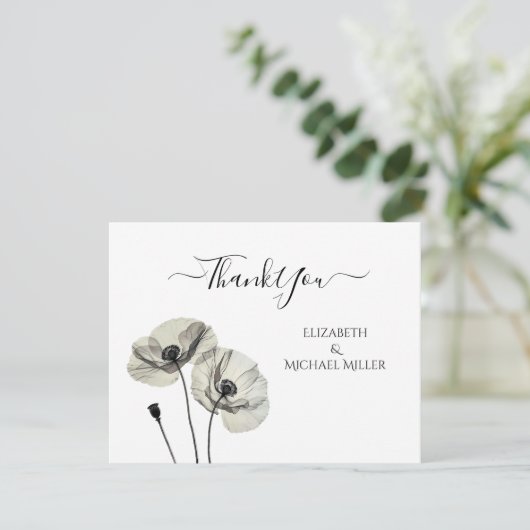 Eenvoudig Elegant Minimalisme Zwart-wit Poppies Bedankkaart (Staand voorkant)
