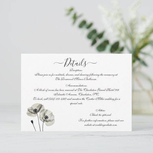 Eenvoudig Elegant Minimalisme Zwart-wit Poppies Informatiekaartje (Staand voorkant)