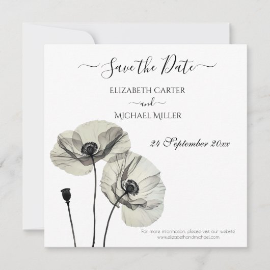 Eenvoudig Elegant Minimalisme Zwart-wit Poppies Save The Date (Voorkant)