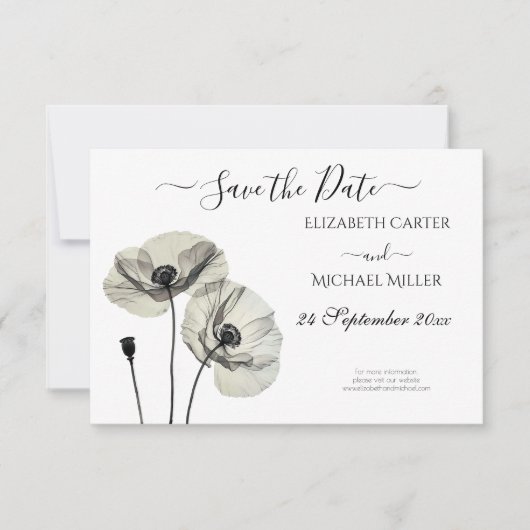 Eenvoudig Elegant Minimalisme Zwart-wit Poppies Save The Date (Voorkant)