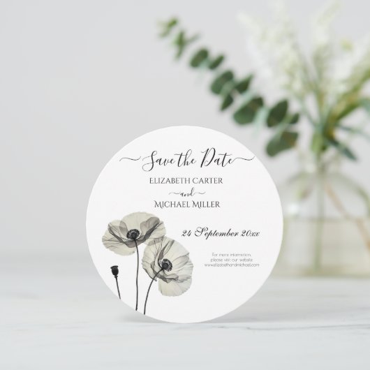 Eenvoudig Elegant Minimalisme Zwart-wit Poppies Save The Date (Staand voorkant)