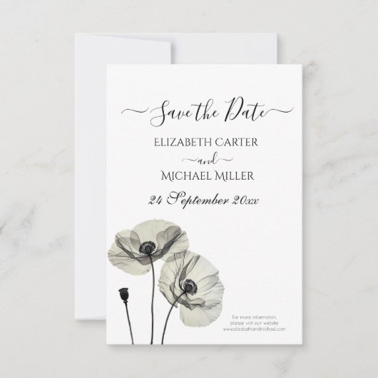 Eenvoudig Elegant Minimalisme Zwart-wit Poppies Save The Date (Voorkant)