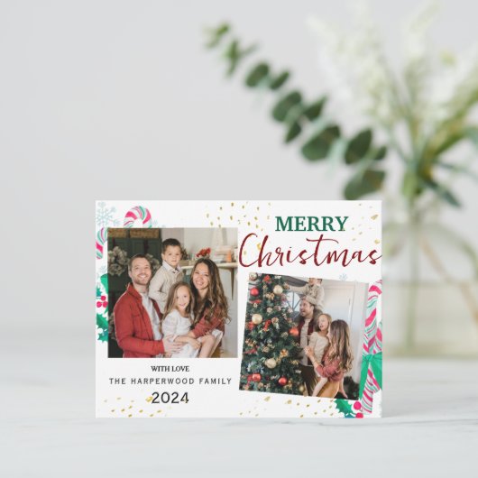 Eenvoudig Elegant modern 3 foto Christmas Family Feestdagenkaart (Staand voorkant)