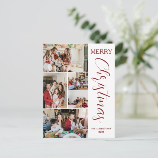 Eenvoudig Elegant modern 5 foto Kerstgezin Feestdagenkaart (Staand voorkant)