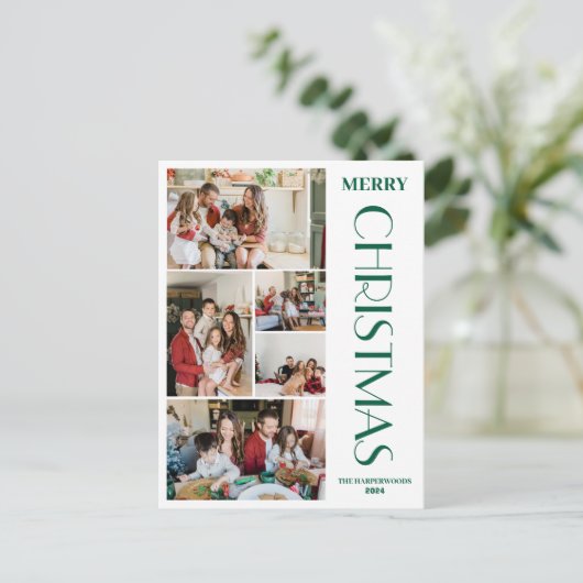 Eenvoudig Elegant modern 5 foto Kerstgezin Feestdagenkaart (Staand voorkant)
