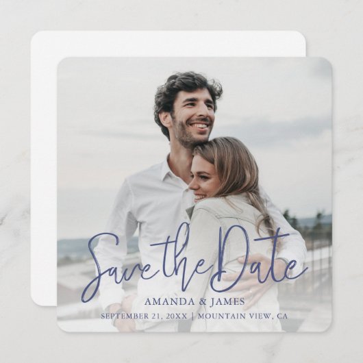 Eenvoudig Elegant Modern Blue Script Photo Weddens Save The Date (Voorkant / Achterkant)