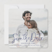 Eenvoudig Elegant Modern Blue Script Photo Weddens Save The Date (Voorkant)