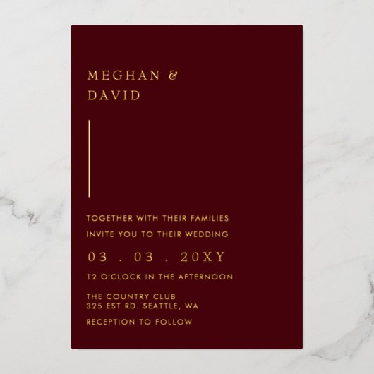 Eenvoudig Elegant Modern Burgundy Wedding Folie Uitnodiging (Voorkant)