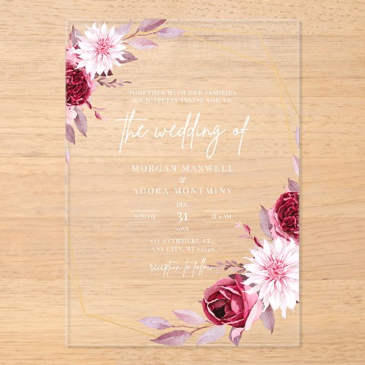 Eenvoudig Elegant Modern Floral Wedding Acryl Uitnodigingen (Voorkant)