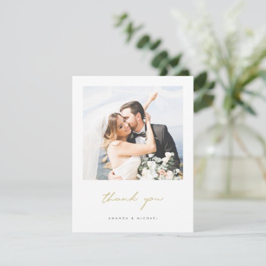 Eenvoudig Elegant Modern Gold Script Photo Weddens Bedankkaart (Staand voorkant)