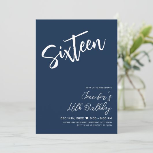 Eenvoudig Elegant Modern Navy Blue Sweet 16 Script Kaart (Staand voorkant)