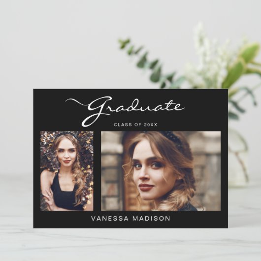 Eenvoudig Elegant modern script | 2 Foto-Afstudere Aankondiging (Staand voorkant)