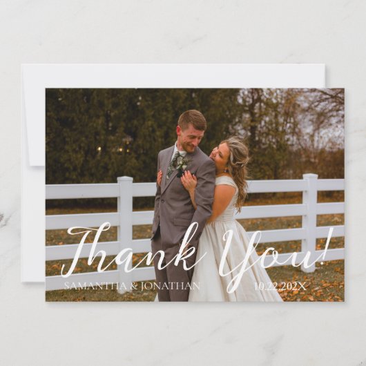Eenvoudig Elegant Modern Script 2 foto's bruiloft Bedankkaart (Voorkant)