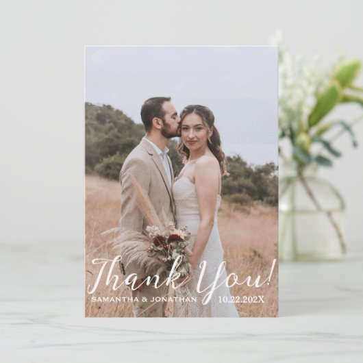 Eenvoudig Elegant Modern Script 4 foto's bruiloft Bedankkaart (Staand voorkant)