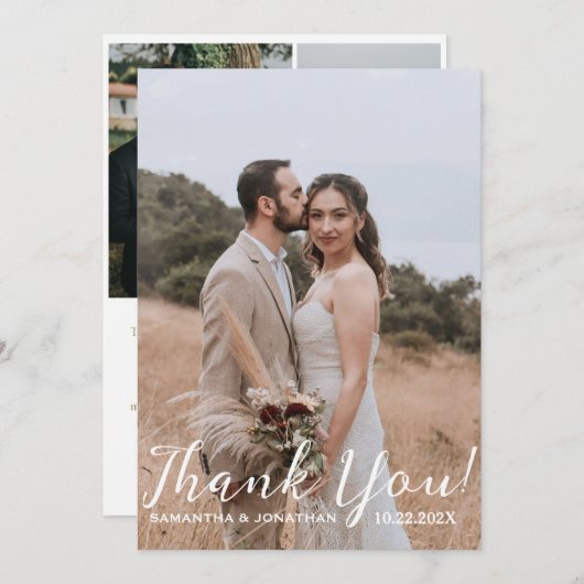 Eenvoudig Elegant Modern Script 4 foto's bruiloft Bedankkaart (Voorkant / Achterkant)