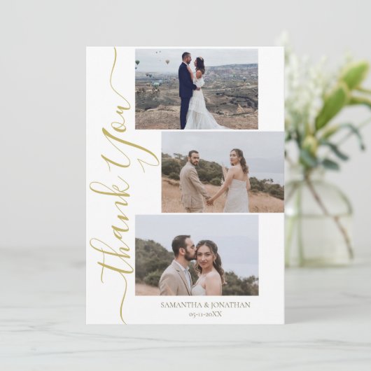 Eenvoudig Elegant Modern Script 6 foto's bruiloft  Bedankkaart (Staand voorkant)