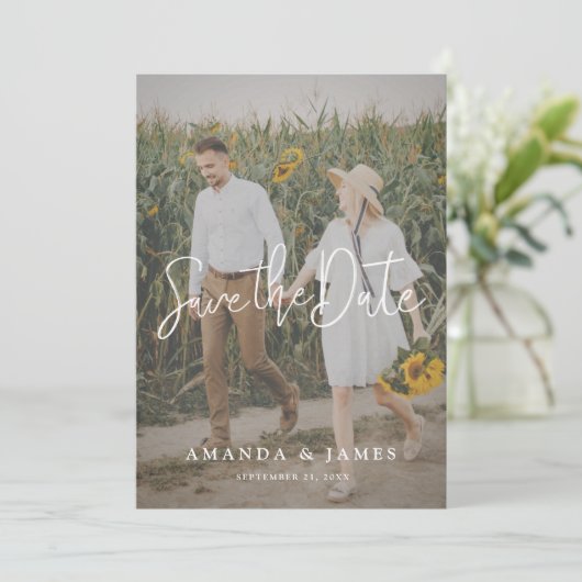 Eenvoudig Elegant Modern Script Photo Wedding Save The Date (Staand voorkant)