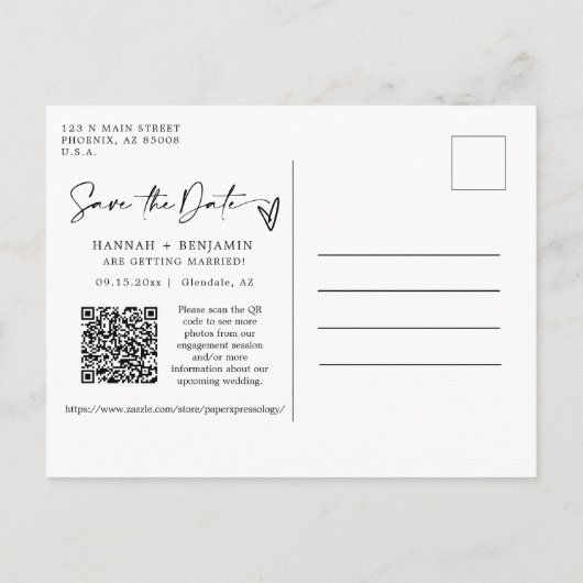 Eenvoudig Elegant Modern Sla de datum op QR Code F Briefkaart (Achterkant)