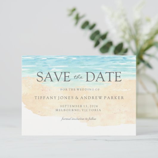 Eenvoudig elegant modern strand bruiloft bespaart save the date (Staand voorkant)