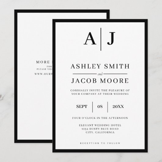 Eenvoudig Elegant modern zwart monogram withuwelij Kaart (Voorkant / Achterkant)