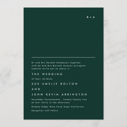 Eenvoudig Elegant Monogram Emerald Green Wedding Kaart (Voorkant)