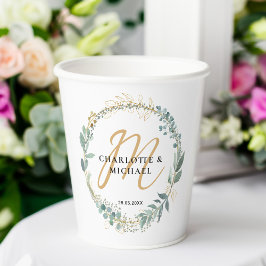 Eenvoudig, elegant, monogram, eucalyptus bruiloft papieren bekers