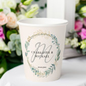Eenvoudig, elegant, monogram, eucalyptus bruiloft papieren bekers
