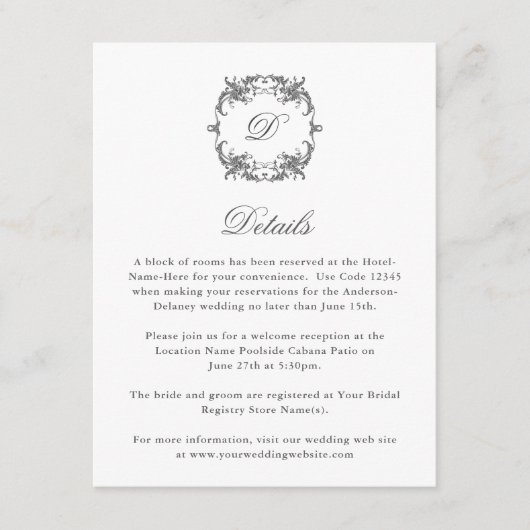 Eenvoudig Elegant Monogram in Barok Lijst Details Informatiekaartje (Voorkant)