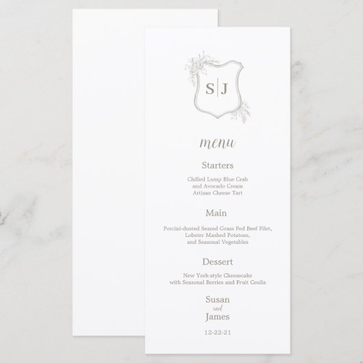 Eenvoudig Elegant Monogram kuif Bruiloft Menu (Voorkant / Achterkant)