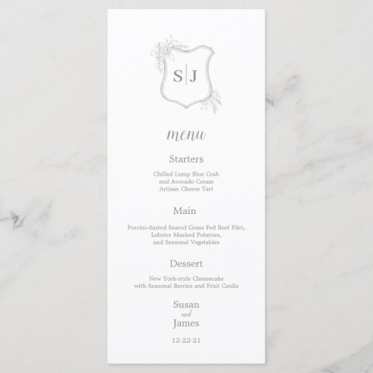 Eenvoudig Elegant Monogram kuif Bruiloft Menu (Voorkant)