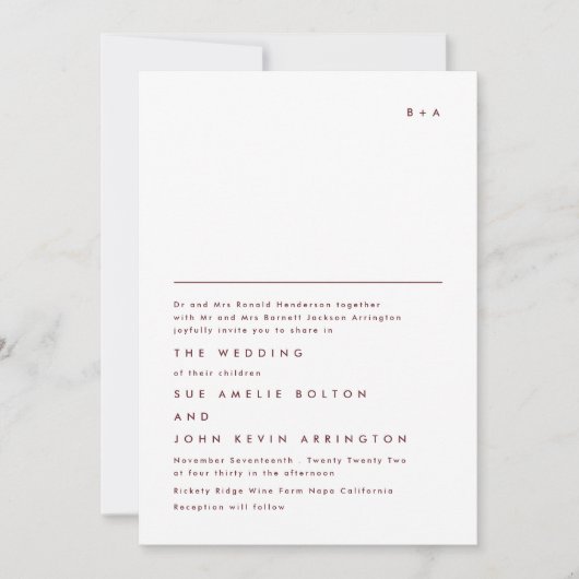 Eenvoudig Elegant Monogram Maroon Burgundy Wedding Kaart (Voorkant)