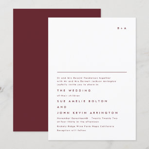 Eenvoudig Elegant Monogram Maroon Burgundy Wedding Kaart