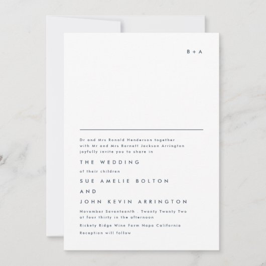 Eenvoudig Elegant Monogram Navy Blue White Wedding Kaart (Voorkant)