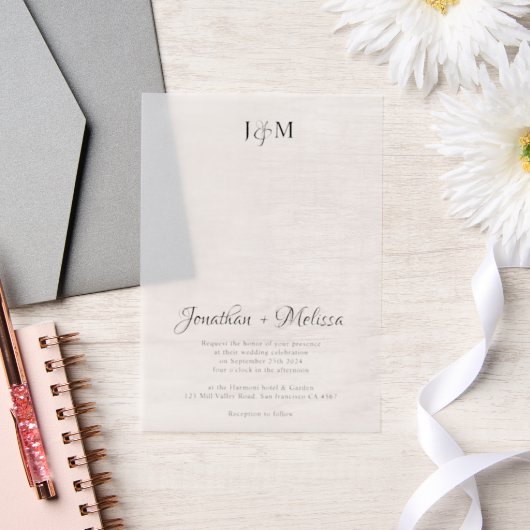Eenvoudig Elegant Monogram & Script Overlay Weddin Vellum Uitnodigingen (Huwelijk)