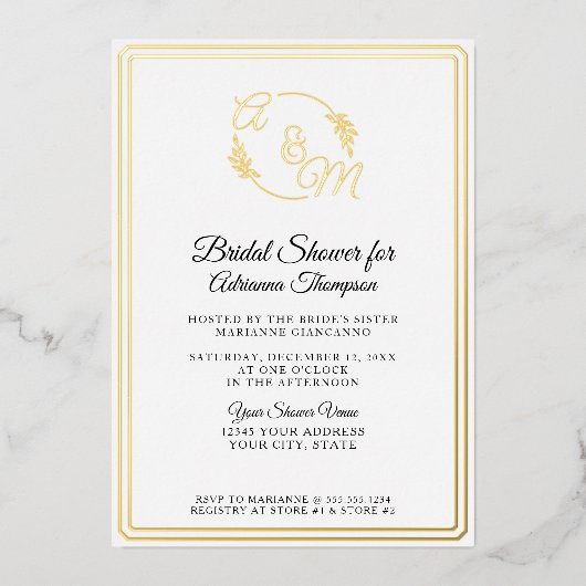 Eenvoudig Elegant Monogram Wit n Goud Vrijgezellen Folie Uitnodiging (Voorkant)