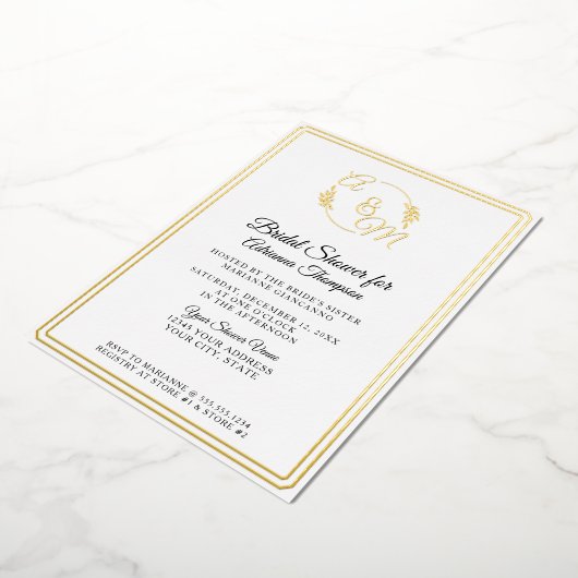 Eenvoudig Elegant Monogram Wit n Goud Vrijgezellen Folie Uitnodiging (Gedraaid)