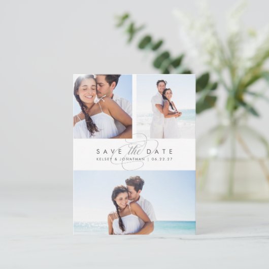 Eenvoudig Elegant Multi Photo Save the Date Aankondigingskaart (Staand voorkant)