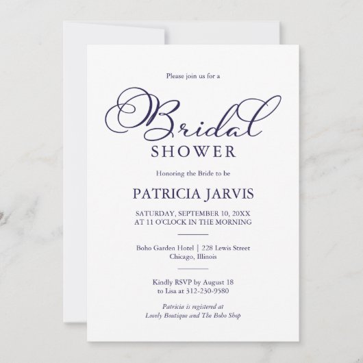 Eenvoudig Elegant Navy Blue Script Vrijgezellenfee Kaart (Voorkant)