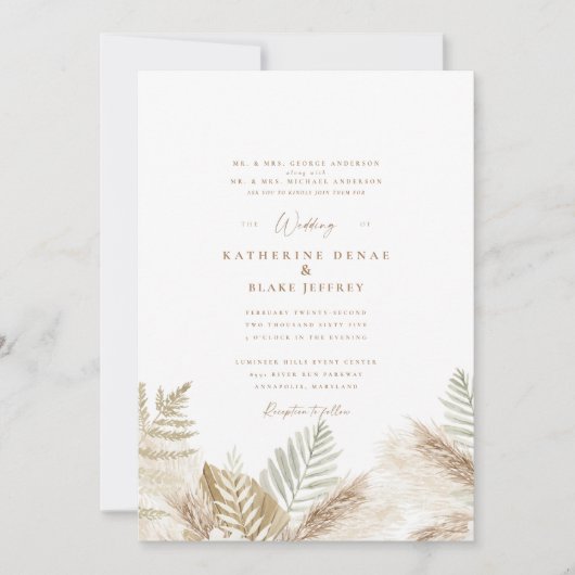 Eenvoudig Elegant Pampas & Gold White Uitnodiging (Voorkant)