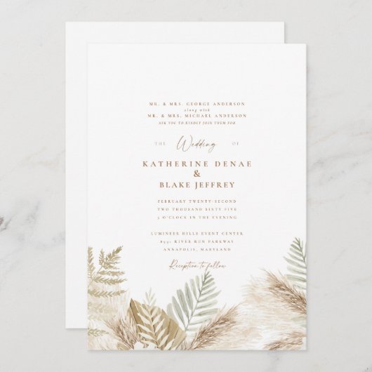 Eenvoudig Elegant Pampas & Gold White Uitnodiging (Voorkant / Achterkant)