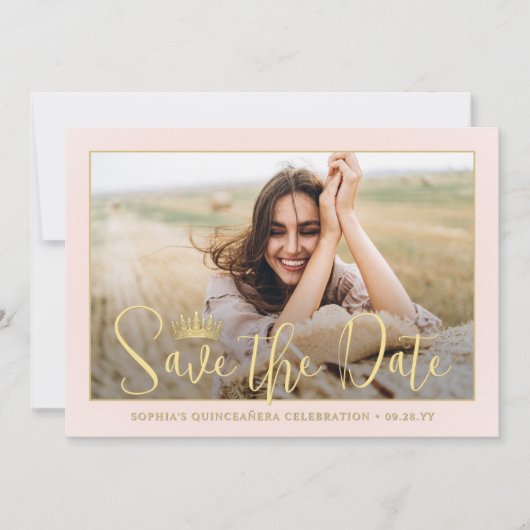 Eenvoudig Elegant Quinceañera 2 Photo Blush en Gou Save The Date (Voorkant)