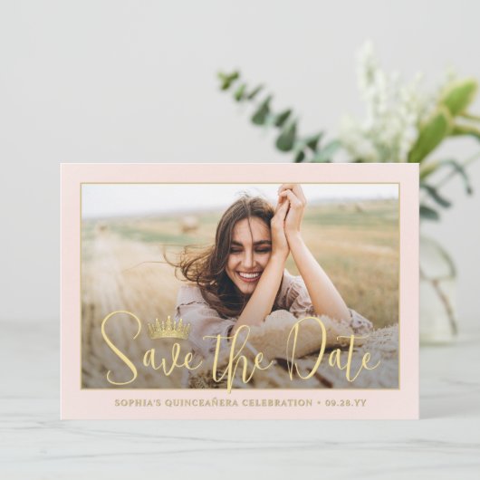 Eenvoudig Elegant Quinceañera 2 Photo Blush en Gou Save The Date (Staand voorkant)