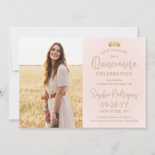 Eenvoudig Elegant Quinceañera 2 Photo Blush en Gou Save The Date (Achterkant)
