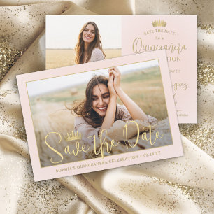 Eenvoudig Elegant Quinceañera 2 Photo Blush en Gou Save The Date