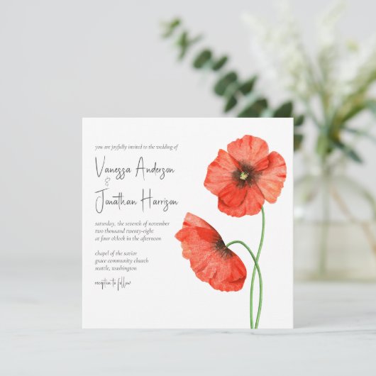 Eenvoudig Elegant Red Poppy Floral Stylish Script Kaart (Staand voorkant)